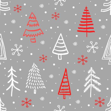 Cut Christmas seamless pattern with blue fir trees and yellow stars. Xmas simple texture. Christmas pattern. Christmas trees. Wrapping paper. Vector illustration