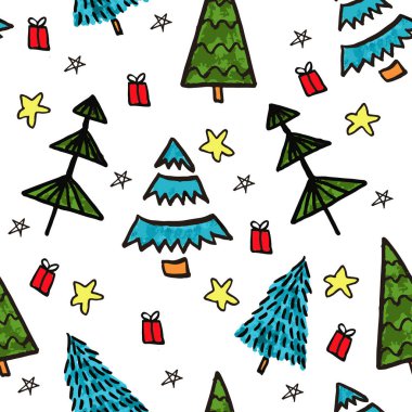 Beyaz arka planda yeşil ve mavi köknar ağaçları, hediye kutusu, yıldızlar. Kış karikatür ormanlarının kusursuz Noel desenleri. Kartpostallar için yeni yıl tasarımı, hediye paketi. - Evet. Vektör illüstrasyonu