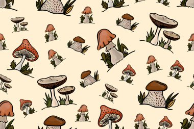 Mantarsız desenli illüstrasyon. Fantezi orman mantarı izole edilmiş. Soluk mantar mantarı ya da mantar izi. Agarik karalama. Tekstil parmak izi geçmişi. Vektör illüstrasyonu