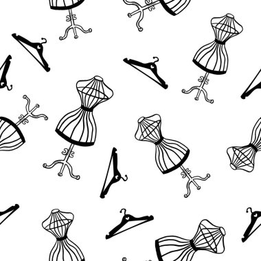 Karalama elbiseleri ve askılar pürüzsüz desenli. Tek renkli arka plan. Vektör illüstrasyonu