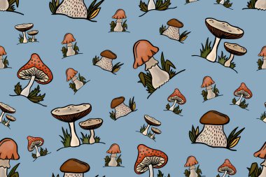 Mantarsız desenli illüstrasyon. Fantezi orman mantarı izole edilmiş. Soluk mantar mantarı ya da mantar izi. Agarik karalama. Tekstil parmak izi geçmişi. Vektör illüstrasyonu