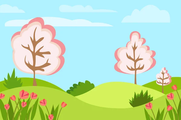 Beautiful spring scenery landscape, green, sunny natural background with copy space for text with plants, leaves, flowers. Vector illustration