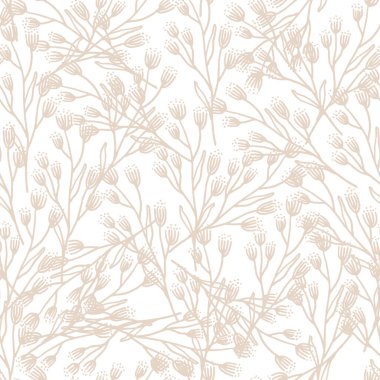Vektörsüz yaprak deseni. Pastel bej ve beyaz arka plan. Moda tekstil baskısı için moda çiçek tasarımı. Doğal organik illüstrasyon. Vektör illüstrasyonu