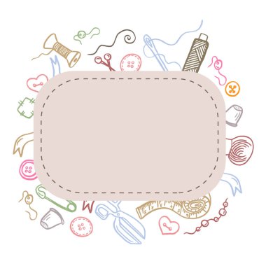 Elle çizilmiş dikiş ve örgü aletleri ve aksesuar iplikler ve makas, iğneler, ölçüm, düğme. Terzilik atölyesi için vektör, moda tasarımı. Çizim stili karalama. Vektör illüstrasyonu