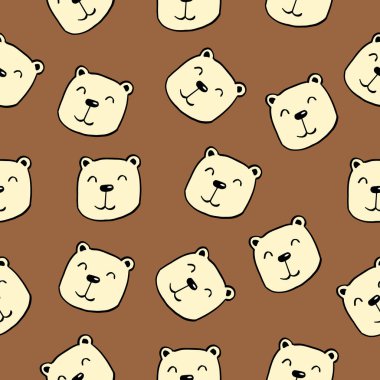 Kahverengi arka planda ayı kafalarının komik el çizimleri olan sevimli çocuksu kusursuz desen. Vektör illüstrasyonu