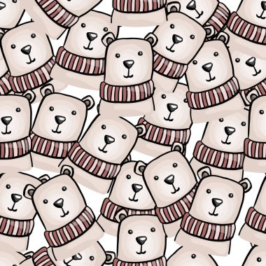 Vektör ayı kusursuz desen. Şirin bir ayıcık çizimi. Çizgi film hayvanları arka planı. Kumaş, duvar kağıdı, ambalaj kağıdı, tekstil, yatak örtüsü ve tişört baskısı için karalama ayıları. Vektör illüstrasyonu