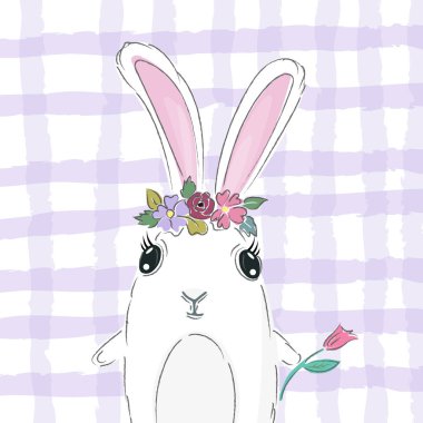 Çiçekli sevimli tavşan kız çelengi. Yazdırma için vektör illüstrasyonu. Vektör illüstrasyonu