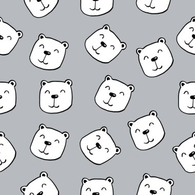 Kusursuz desenli beyaz ayı sevimli yüzü ve kafası. Çocuk tarzında elle çizilmiş hayvan geçmişi. Kumaş, tekstil ya da moda için kullanılan temsilci illüstrasyonu. Vektör illüstrasyonu