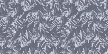 Gri arkaplan vektöründe doğanın gümüş yaprakları sanat eseri. Çiçeksiz desen, gümüş yapraklı çizgi sanatı. Vektör illüstrasyonu