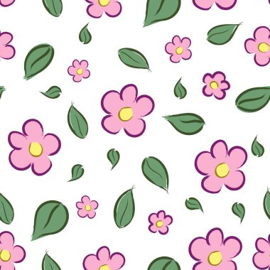 Pembe çiçekli ve beyaz arka planda yeşil yapraklı kusursuz çiçek deseni. Vektör illüstrasyonu