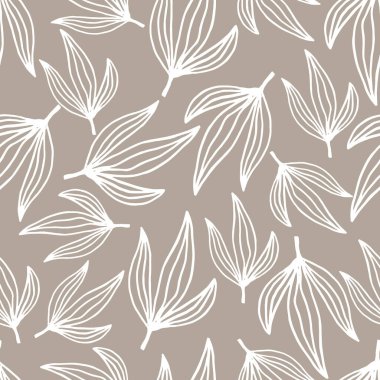 Tropikal yaprakların bej üzerinde botanik ve dikişsiz desenlerinin vektör çizimi. Çiçekli organik arka plan. Vektör illüstrasyonu