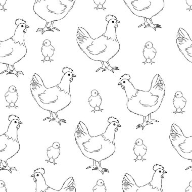 Tüylü pürüzsüz desen, piliçli tavuklar, hatların hatları. Tarım geçmişi. Vektör illüstrasyonu