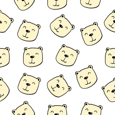 Beyaz arka planda komik sevimli ayı kafaları olan çocuksu, kusursuz bir çizgi film karakteri. Vektör illüstrasyonu
