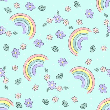 Mavi gökyüzü arka planında gökkuşağı deseni var. Basit şekilli el çizimi pastel izler. Tekstil ve kumaş tasarımı. Vektör illüstrasyonu