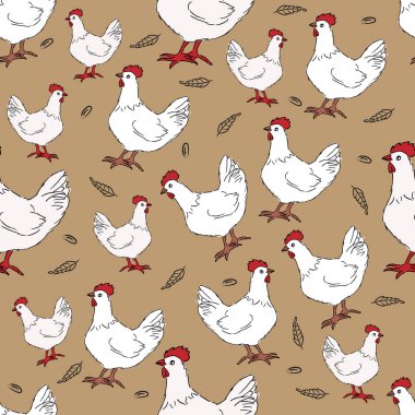Kusursuz desenli, kahverengi üzerine beyaz tavuk çizgi filmi karakteri. Vektör illüstrasyonu