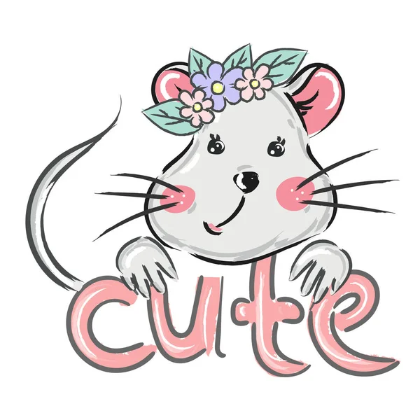 Carino Piccolo Mouse Ragazza Con Corona Floreale Con Citazione Lettering — Vettoriale Stock