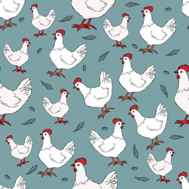 Beyaz tavuk kırsal bölgelerde kusursuz vektör deseni. Çiftlik kuşları basit kırsal arka plan dokusu. Vektör illüstrasyonu