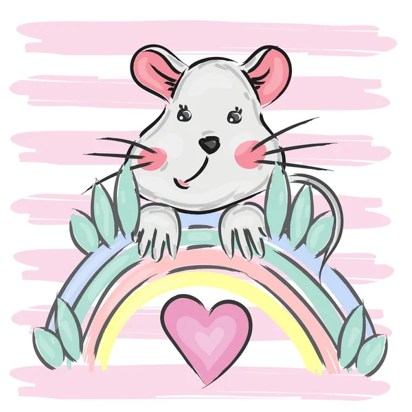 Mouse Disegnato Mano Arcobaleno Illustrazione Vettoriale Del Personaggio Dei Cartoni — Vettoriale Stock