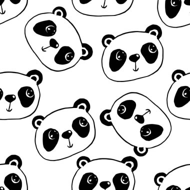 Şirin panda suratını kusursuz çiziyor. Beyaz vektör arka planında siyah. Panda porselenli resim. Tişört, tekstil ve parmak izleri için tasarım. Vektör illüstrasyonu