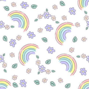 Sevimli gökkuşakları ve bahar çiçekleri olan el yapımı vektörsüz desenler çocuklar için arka planlar, kumaş tekstil duvar kağıdı ambalajı için bebek dokusu. Vektör illüstrasyonu