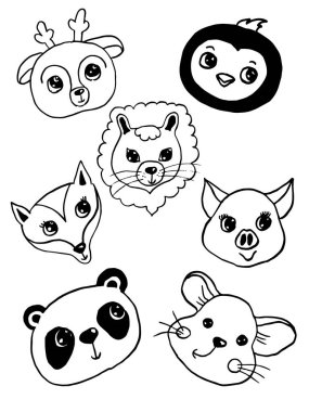 Koleksiyon, karalama hayvan kafaları ya da yüz simgelerinin siyah çizgisini ayarladı. Vektör illüstrasyonu