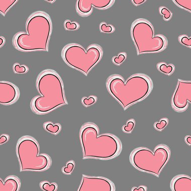 Soyut pembe kalp arkaplanı. El çizimi geometrik kalp, kart, davetiye, hatıra defteri ya da tatil ambalaj kağıdı, tekstil kumaşı için gri renge izole edilmiş. Vektör illüstrasyonu