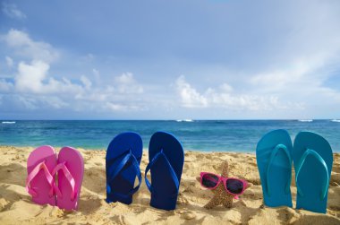 Flip flop ve kumlu plajda güneş gözlüklü denizyıldızı