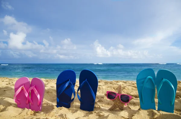 Chanclas y estrellas de mar con gafas de sol en la playa de arena —  Fotos de Stock