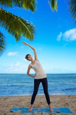 yang kadın okyanus tarafından Yoga uygulamak