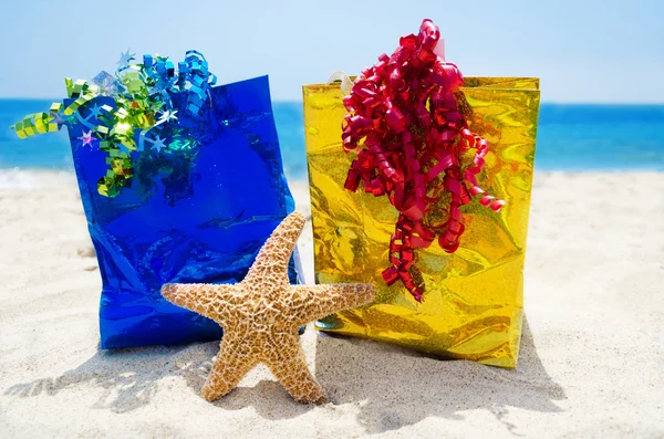 Αστερίας με δώρο τσάντες για την παραλία - διακοπές έννοια — Φωτογραφία Αρχείου