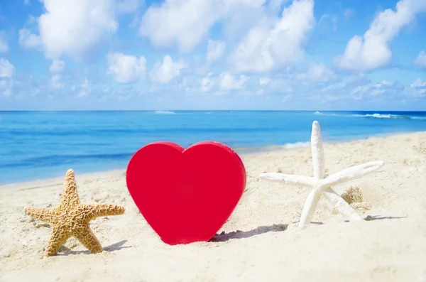 Heart and starfishes on the sandy beach — Stock Photo, Image