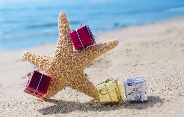 Estrella de mar con regalos junto al océano —  Fotos de Stock