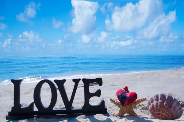 Panneau "LOVE" avec étoile de mer, coquillage et coeur sur la plage — Photo