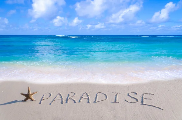 Panneau "Paradise" avec étoile de mer sur la plage — Photo