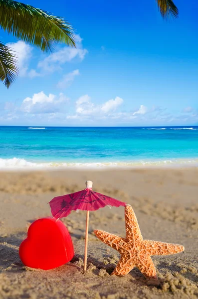 Stella marina con cuore sulla spiaggia sabbiosa — Foto Stock