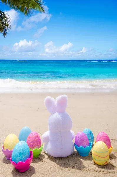 Easter bunny and color eggs on the beach — Stock Photo, Image