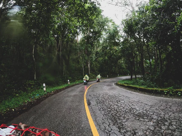 View While Riding Motorcycle Mountain Road Rainforest Rainy Season Biker — Stock Photo, Image