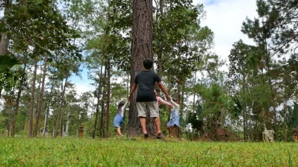 Happy Family Walks Hand Hand Big Tree Happy Family Playing — Stock Video