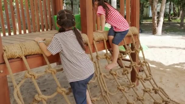 Активные Маленькие Сёстры Развлекаются Открытой Площадке Парке Милые Маленькие Девочки — стоковое видео