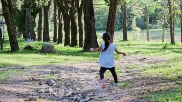 Niñas Activas Corriendo Bosque Pinos Cálido Día Verano Chica Feliz — Vídeo de stock