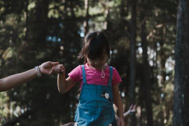 Genç bir anne kızına parkta bir kütükte yürümesinde yardım ediyor. Dengedeki çocuk. Oyun çocuklukta öğrenmektir..