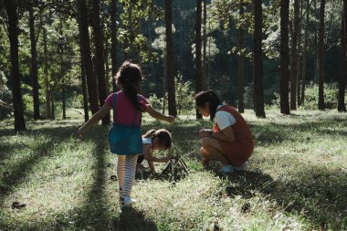 Anne ve iki kızı ormandaki kamp yerinde odun topluyor ve ateş yakıyor. Aile ve çocuklar doğa ormanlarında kamp ateşi yakıyor. Aile kampı, tatilde birlikte zaman geçirmek..
