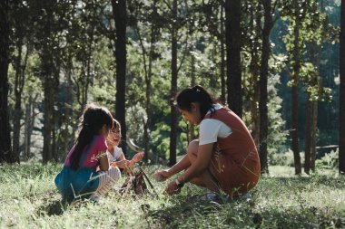 Anne ve iki kızı ormandaki kamp yerinde odun topluyor ve ateş yakıyor. Aile ve çocuklar doğa ormanlarında kamp ateşi yakıyor. Aile kampı, tatilde birlikte zaman geçirmek..