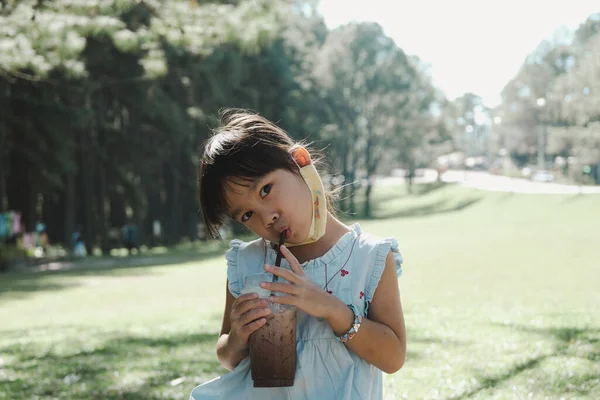 可爱的小女孩在夏日室外花园喝美味的冰巧克力或可可 一家人在公园野餐 — 图库照片