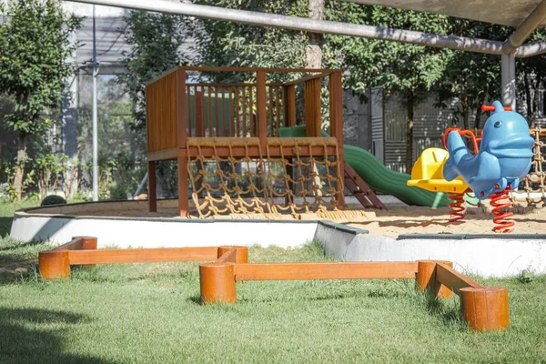 Colorful Playground Yard Park Rocking Horse Slide Balance Beam Children — Stock Photo, Image