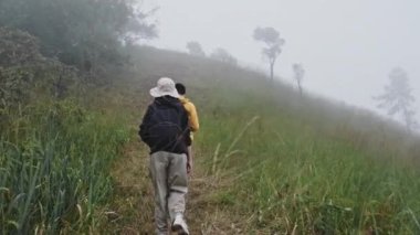 Doğayı görmek için dağları ve ormanları gezen bir grup Asyalı turist. Vahşi yaşam kavramlarında gezinme ve iz sürme aktiviteleri.