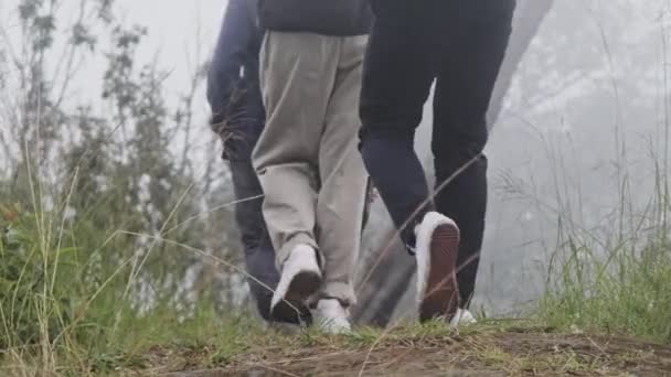 Grupo Turistas Asiáticos Mochila Através Florestas Montanhas Para Ver Natureza — Vídeo de Stock