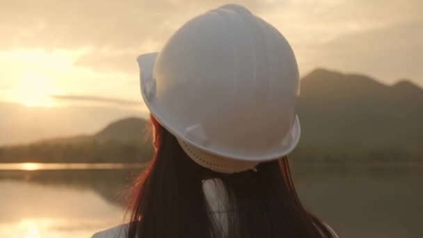 Female Engineer Surveys Dam Construction Site Generate Electricity Confident Woman — стоковое видео