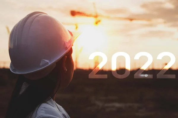 Happy New Year 2022 Female Construction Engineer Backdrop Construction Site — Stock Photo, Image