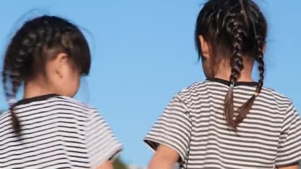 Rear Happy Asian Siblings Girls Hugging Each Other Summer Garden — Stock video